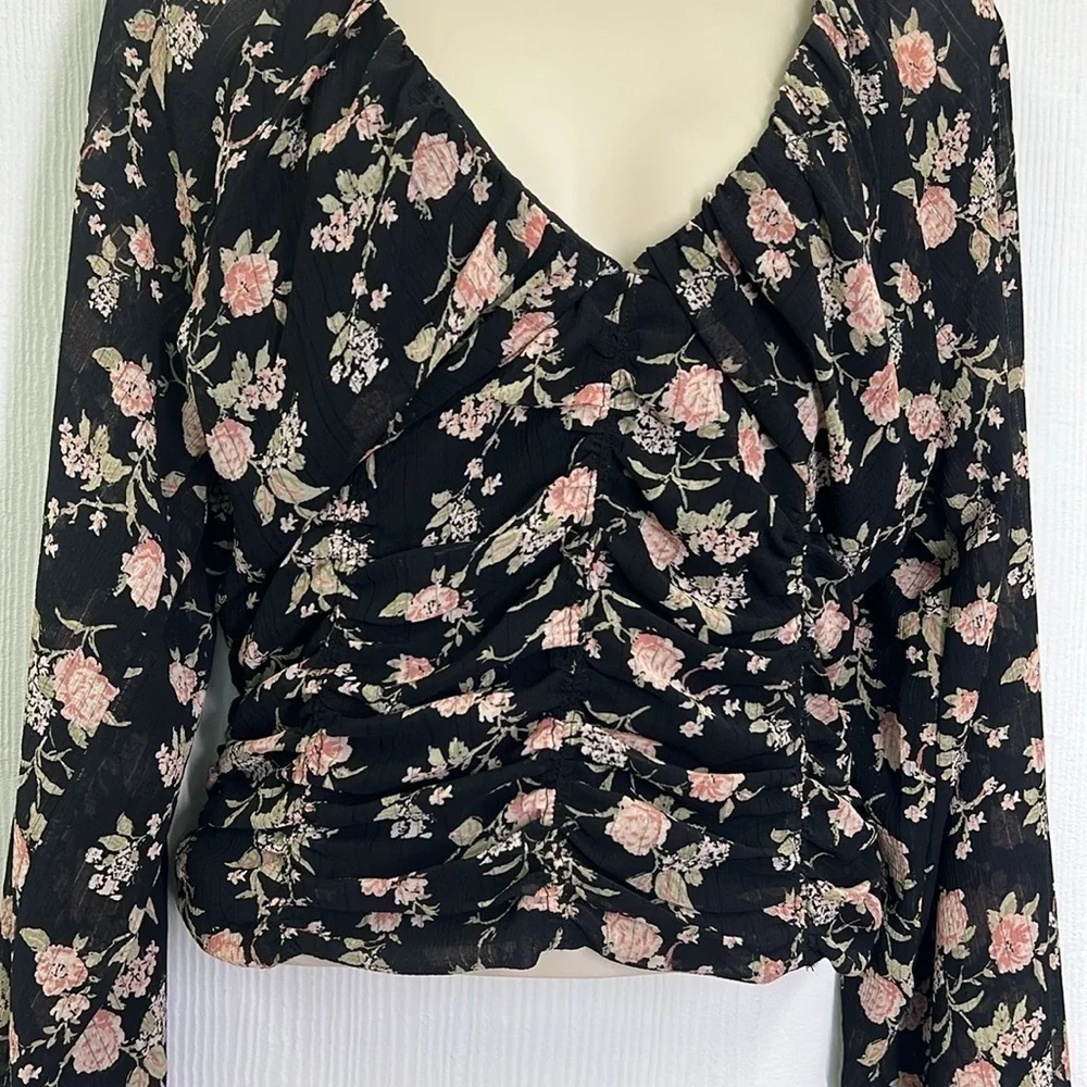 Free People - Final Rose Black Ruched Smocked Long Sleeve Blouse Size Small